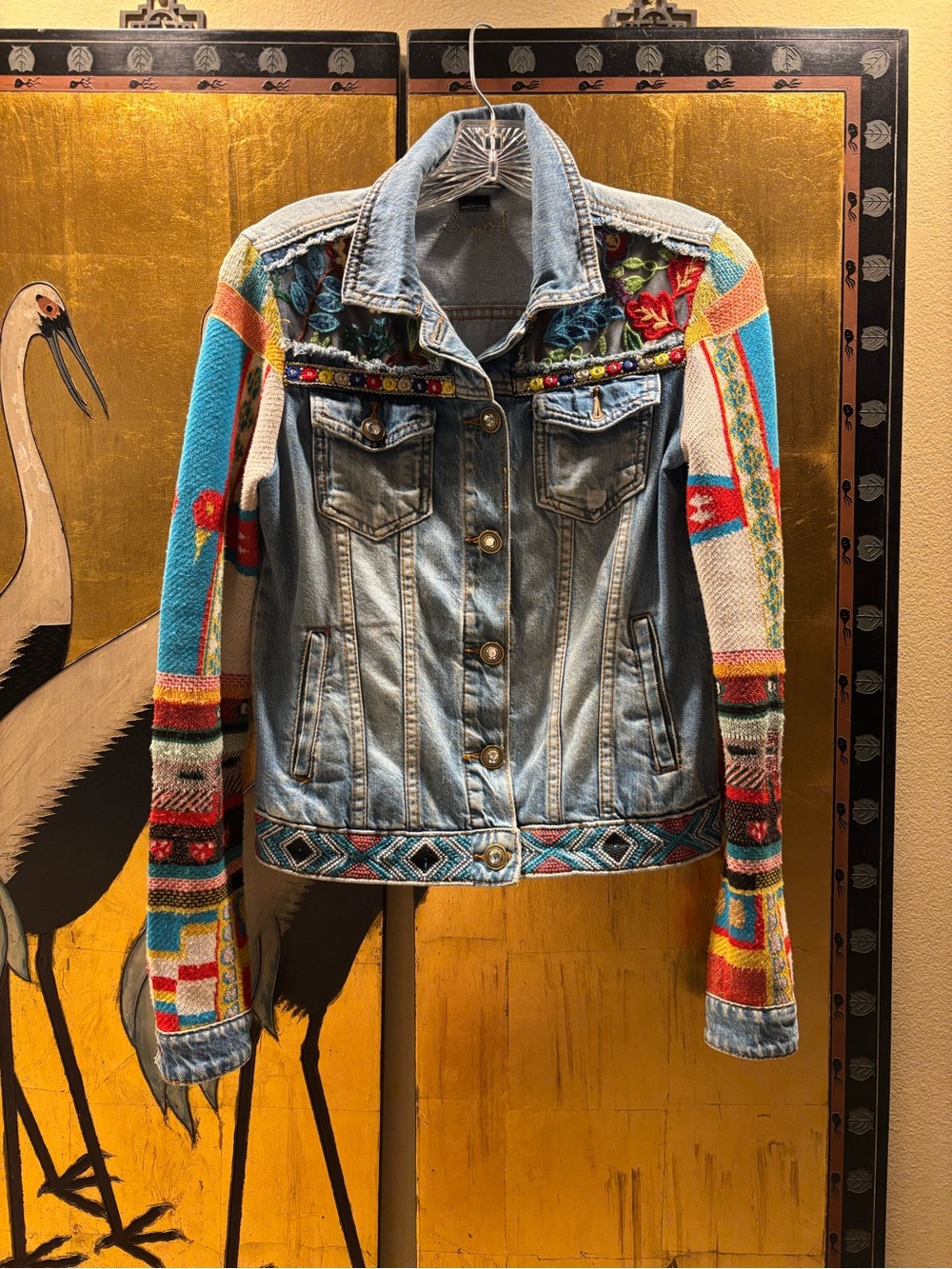 Desigual Light Wash Denim Jeans Jacket with Multicolor Knit Sleeves